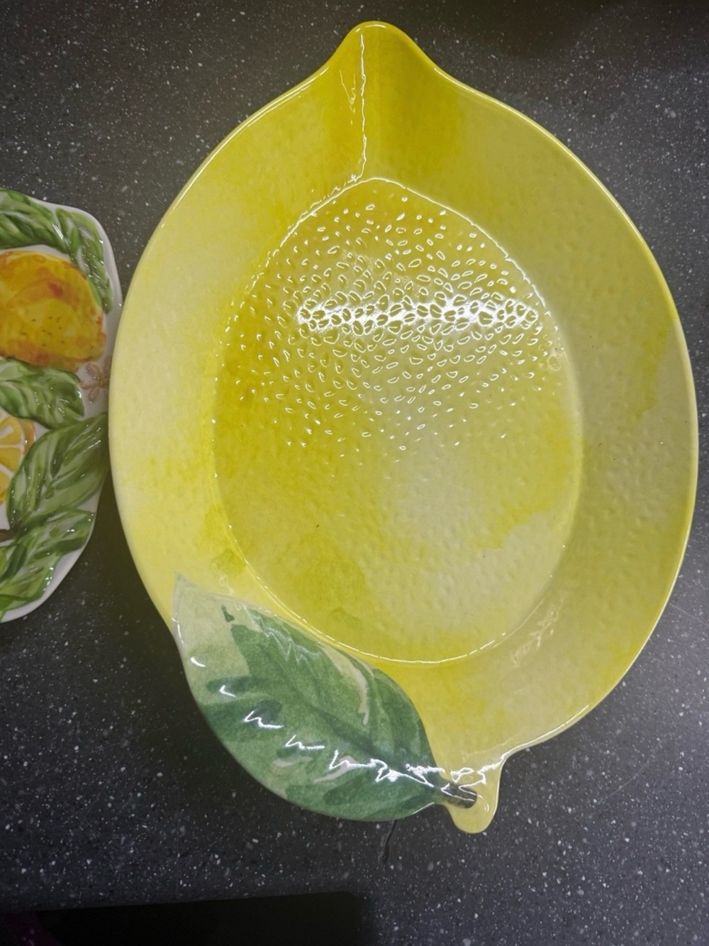Plastic Lemon-Shaped Serving Bowl in Yellow with Leaf Accent
